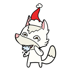 line drawing of a hungry wolf wearing santa hat