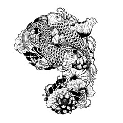 Carp fish with lotus vector tattoo by hand drawing.Beautiful fish on white background.Black and white graphics design art highly detailed in line art style.Koi fish for tattoo or wallpaper.