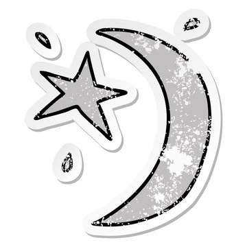 distressed sticker cartoon doodle of the moon and a star