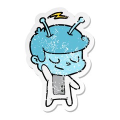 distressed sticker of a friendly cartoon spaceman