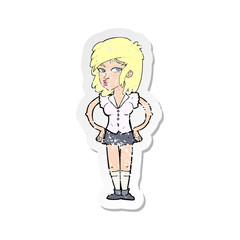 retro distressed sticker of a cartoon pretty woman with hands on hips