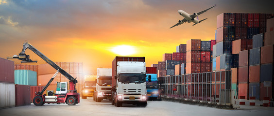  image of the logistics, there are container truck,  airplane for import export industry