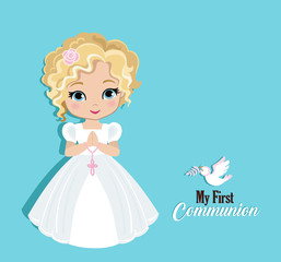 Set of design elements for First Communion for girls. Vector illustration for religious holidays.