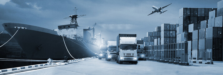  image of the logistics, there are container truck, ship in port and airplane for import export...