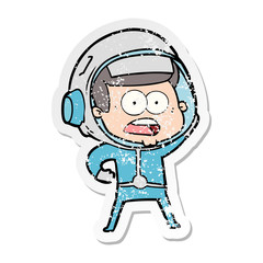 distressed sticker of a cartoon surprised astronaut