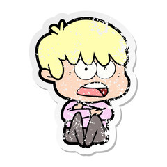 distressed sticker of a worried cartoon boy