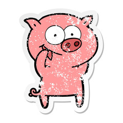 distressed sticker of a cheerful pig cartoon