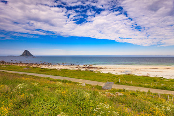 Fototapeta na wymiar Sea coast sandy beach in resort Bleik Andoya Norway