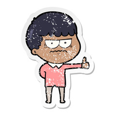 distressed sticker of a cartoon annoyed man