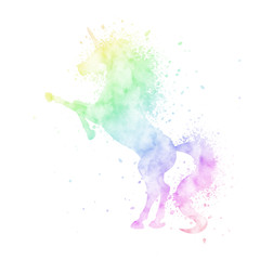 Watercolor unicorn silhouette painting with splash texture isolated on white background. Cute magic creature vector illustration in rainbow colors. - 253764063