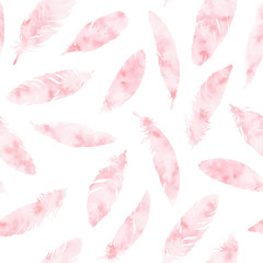 Handgemalter Vektor versieht nahtloses Muster mit Federn auf weißem Hintergrund. Strukturierte rosa Boho-Dekoration. Pastellornament für Packpapier, Stoffe und Textilien.