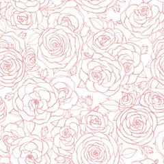 Vector seamless pattern with pink rose flowers and leaves outline on white background. Vintage floral ornament of blossoms in sketch style. Spring theme. For fabric, wrapping paper.