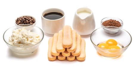 Obraz na płótnie Canvas Ingredients for cooking tiramisu Savoiardi biscuit cookies, mascarpone, cream, sugar, cocoa, coffee and egg isolated on white background. Clipping path
