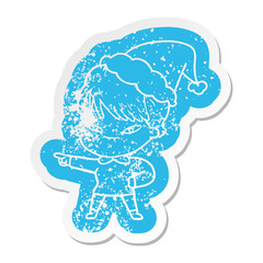 cartoon distressed sticker of a happy woman wearing santa hat