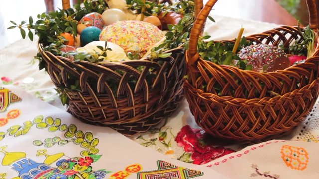 baskets of traditional Easter holiday,On the table, two Easter baskets to be consecrated