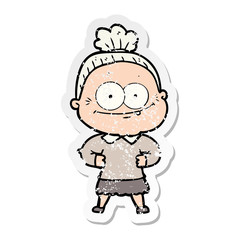 distressed sticker of a cartoon happy old woman