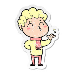 distressed sticker of a cartoon man pouting