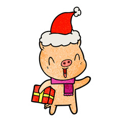 happy textured cartoon of a pig with xmas present wearing santa hat