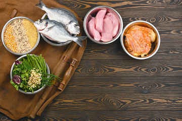 Panorama banner with healthy pet food ingredients with chopped raw turkey, fish, groats, greens and...