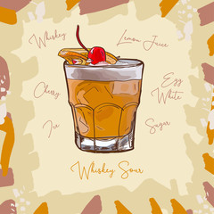 Ilustracja koktajl współczesnej klasycznej whisky. Bar alkoholowy pić ręcznie rysowane wektor. Pop Art - 253767609