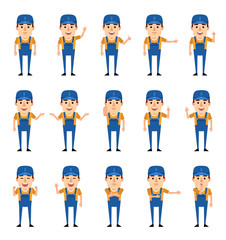 Set of mechanic, worker showing various hand gestures. Funny mechanic pointing, greeting, showing thumb up and other gestures. Flat design vector illustration