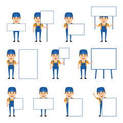 Set of mechanic, worker characters posing with various blank banners. Funny mechanic holding paper, signboard, placard, pointing to whiteboard. Flat design vector illustration