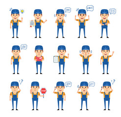 Set of auto mechanic characters showing various actions, emotions. Funny workman talking on phone, reading book, angry and showing other actions. Flat design vector illustration