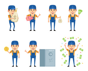 Set of workman characters with money showing various actions. Cheerful worker holding bag of money, piggy bank, coin and showing other actions. Flat design vector illustration