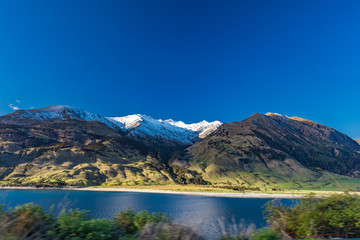 Obraz premium Panoramic photos of Lake Hawea and mountains, South Island, New Zealand