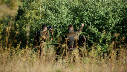 Hunters friends enjoy leisure. Teamwork and support. Activity for real men concept. Hunters with...