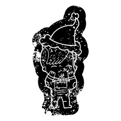 cartoon distressed icon of a girl wearing futuristic clothes wearing santa hat