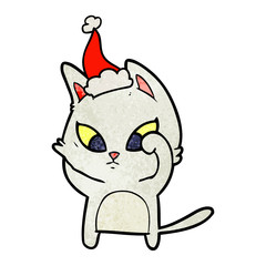 confused textured cartoon of a cat wearing santa hat