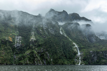 Cloudy and rainy day at Milford Sound, South Island, New Zealand