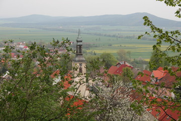 landscape with church and mountains