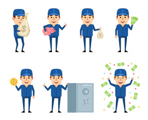Set of workman characters with money showing various actions. Cheerful worker holding bag of money, piggy bank, coin and showing other actions. Flat design vector illustration