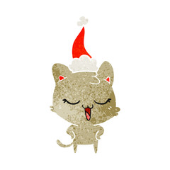 happy retro cartoon of a cat wearing santa hat