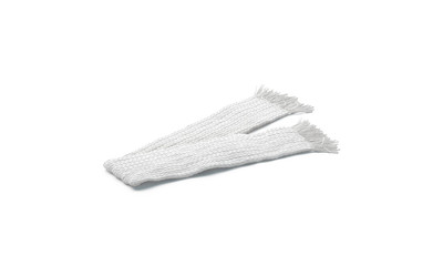 Blank white knitted scarf folded mock up, isolated, side view, 3d rendering. Empty spring or winter garment mock up. Clear handmade casual clothing with thrum design template.