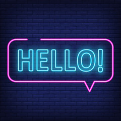 Hello neon sign. Speech bubble with text © RedlineVector