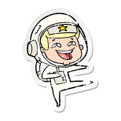 distressed sticker of a cartoon laughing astronaut