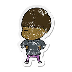 distressed sticker of a cartoon smug boy