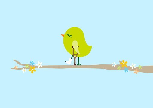 Gr&uuml;ner Vogel mit Kr&uuml;cke & Gipsbein Ast Blau