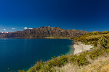 Panoramic photos of Lake Hawea and mountains, South Island, New Zealand