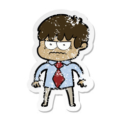 distressed sticker of a annoyed cartoon boy