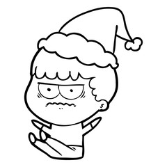 line drawing of a annoyed man wearing santa hat