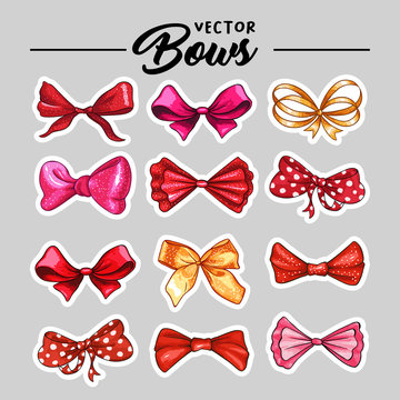 Bow hand drawn vector stickers illustrations set. Realistic red patch, golden, pink and purple ribbon knots drawing. Bowknot cliparts. Hair accessories. Isolated color bow-tie. Greeting card design