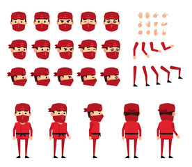Ninja in red suit creation set. Various gestures, emotions, diverse poses, views. Create your own pose, animation. Flat style vector illustration