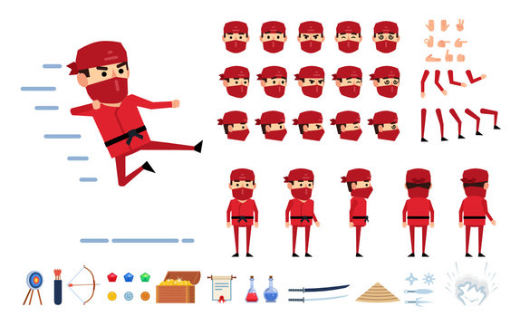 Ninja in red suit creation kit. Create your own pose, action, animation. Various emotions, gestures, design elements. Flat design vector illustration