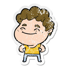distressed sticker of a cartoon friendly man