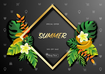Summer sale background with paper art of tropical, vector illustration template, banners, Wallpaper, invitation, posters, brochure, voucher discount