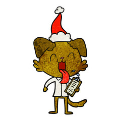 textured cartoon of a panting dog with clipboard wearing santa hat